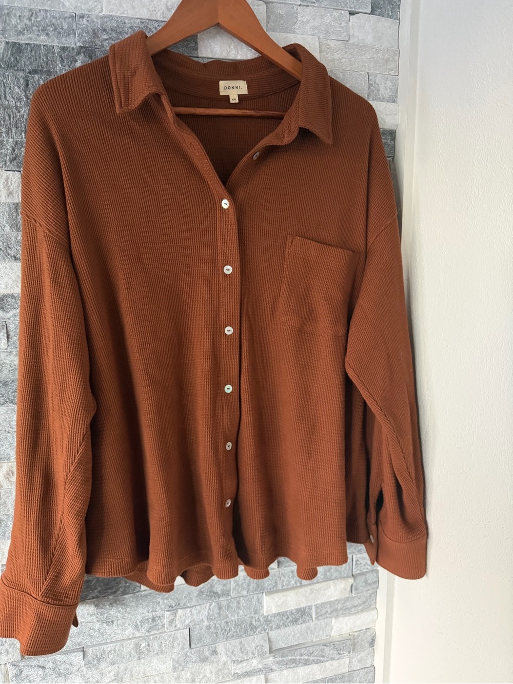 Women DONNI waffle knit button-down shirt-Classic Collar-Single Chest Pocket-2XL